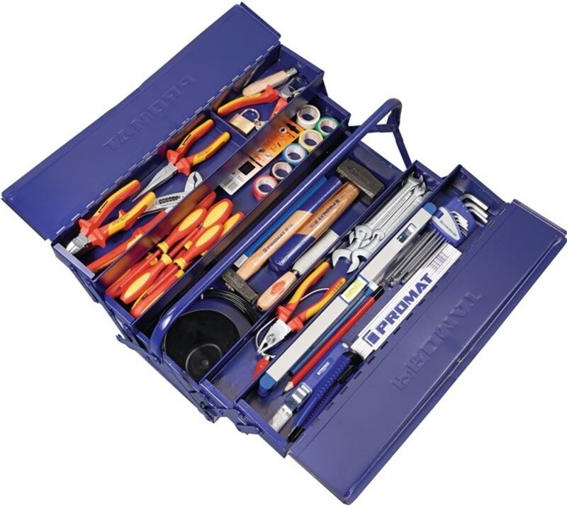 Werkzeugsortiment 66 teilig im Stahlblechkasten für Elektriker