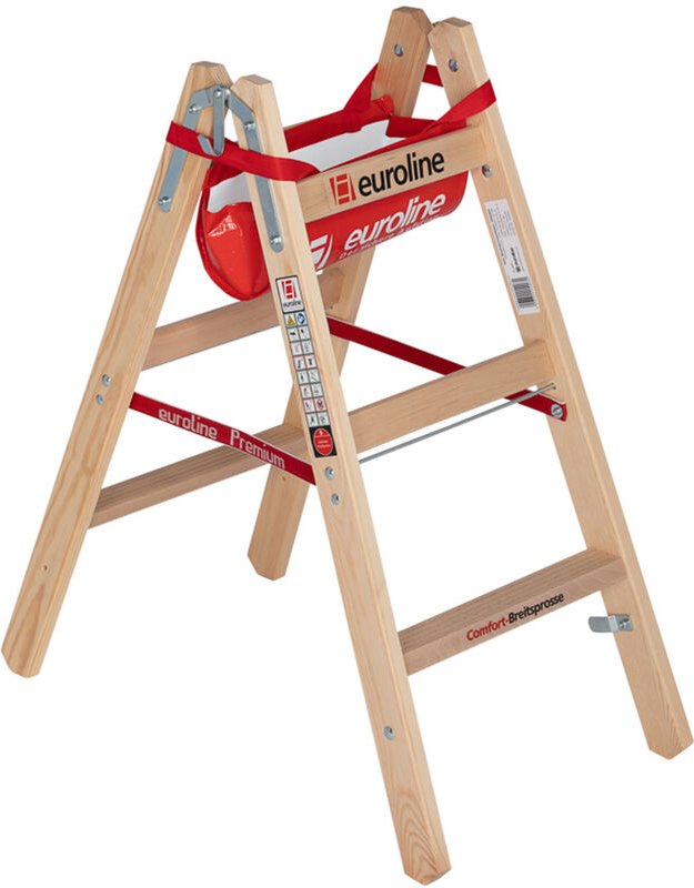 Euroline Holz Sprossenstehleiter mit Comfort-Breitsprossen, Eimerhaken und Werkzeugablagetasche 2x3 Sprossen