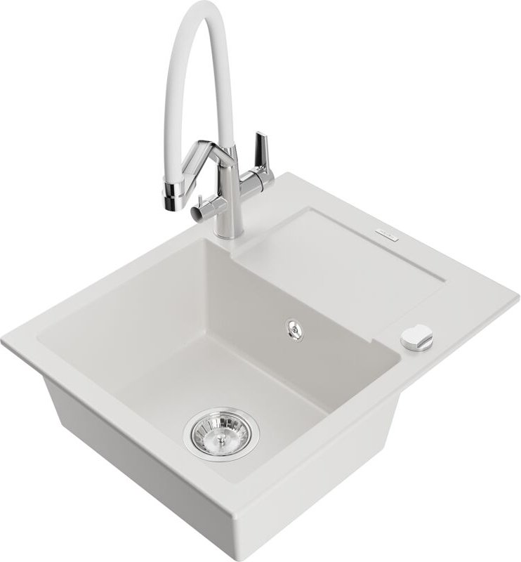 Enzo 1 Becken-Granitspüle mit Abtropffläche und Mischbatterie Duo, Weiß - 6506-20-671701-02 - Mexen