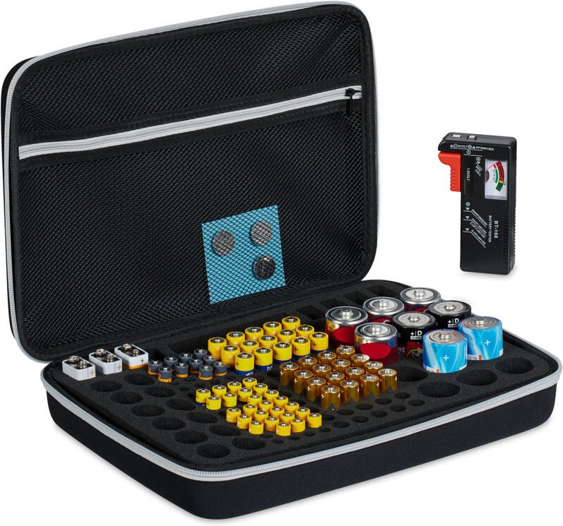 Batteriekoffer mit Tester, für aa, aaa, c, d & 9V-Blockbatterie, Aufbewahrungsbox 134 Batterien, schwarz - Relaxdays