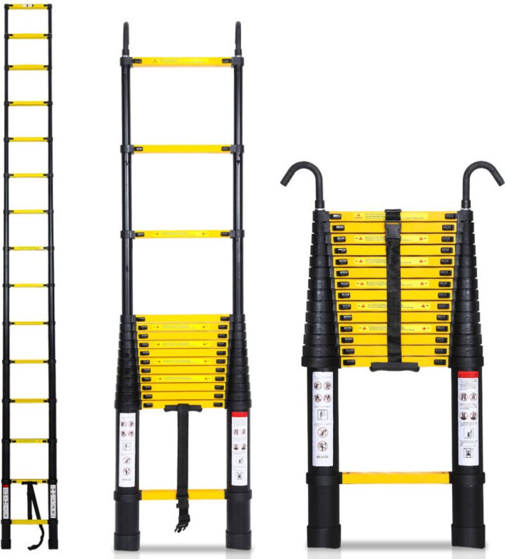Teleskopleiter Ausziehleiter Klappleiter Stabil Aluminium Stehleiter bis 150kg 4,4m schwarz+gelb mit haken