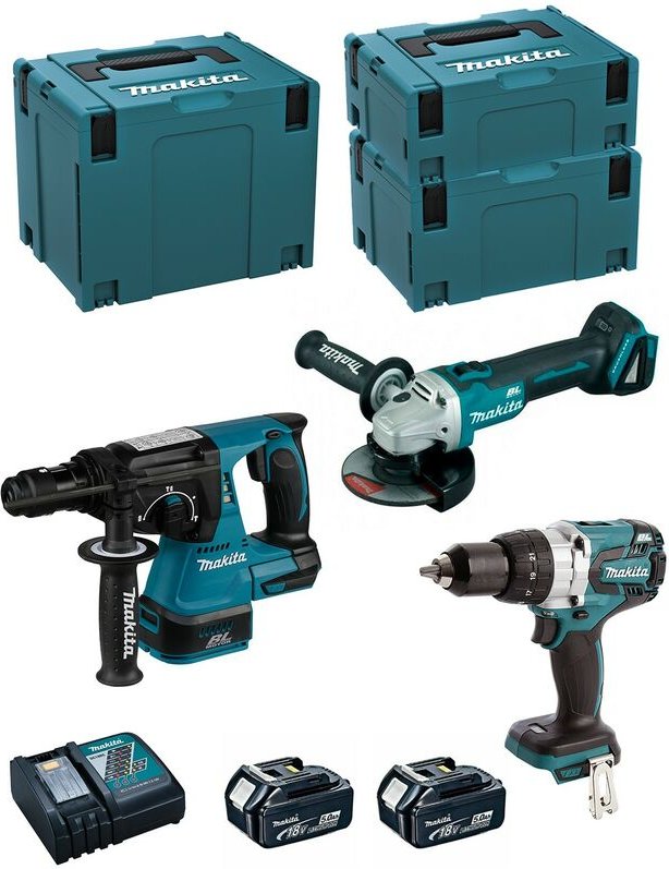 MAKITA Kit MK312RTJ (DHR243 + DHP481 + DGA504 + 2 x 5,0 Ah + DC18RC + MAKPAC 2 + MAKPAC 3 + MAKPAC 4)