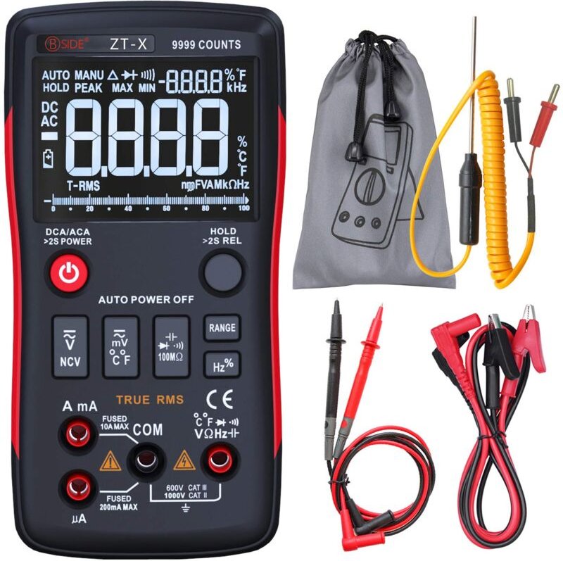 Digitalmultimeter, 3-zeiliges Display, 9999 Zählungen, Tastendesign, automatische Bereichswahl, Elektriker, Temperatur, ...