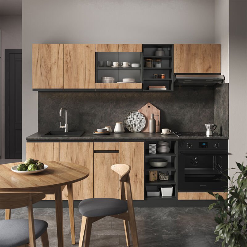 Vicco - Küchenzeile R-Line, Goldkraft Eiche/Anthrazit, 240 cm J-Shape