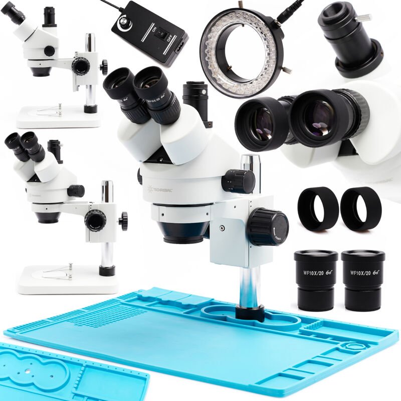 Techrebal 10HT 7X - 45X trinokulares Stereomikroskop mit silikonbeschichteter Metallbasis 48x32cm und einstellbarer 60X ...