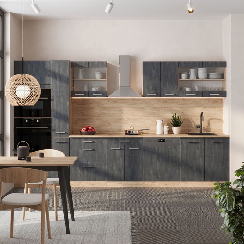 Vicco - Komplettküche R-Line, Schwarz Beton/Goldkraft Eiche, 350 cm , ap Eiche