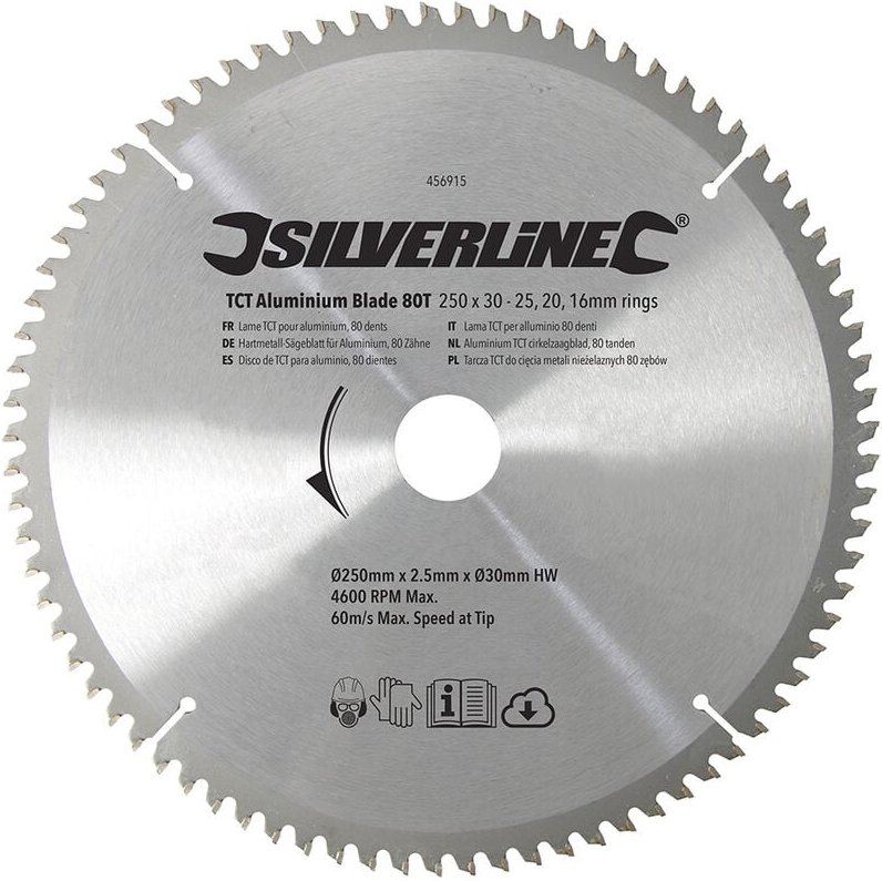 Silverline - Hartmetall-Sägeblatt für Aluminium, 80 Zähne 250 x 30, Reduzierringe: 25, 20 u. 16 mm