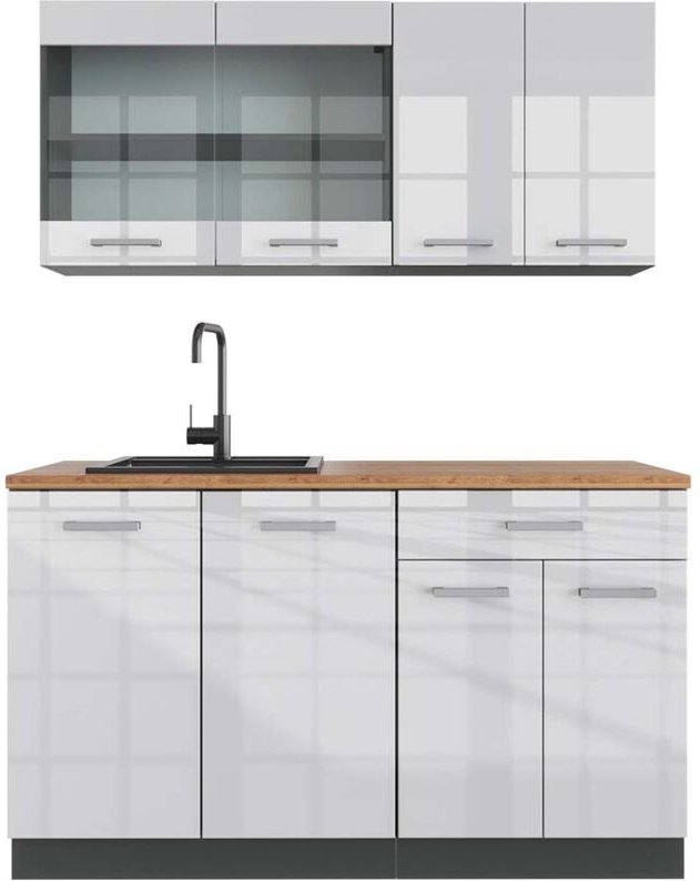 Vicco - Singleküche R-Line, Weiß Hochglanz/Anthrazit, 140 cm , ap Eiche