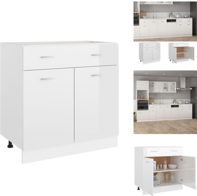 Schubunterschrank Hochglanz-Weiß 80x46x81,5 cm Holzwerkstoff - Küchenmöbel - Küchenschrank - Schubladen - Regalboden - W...