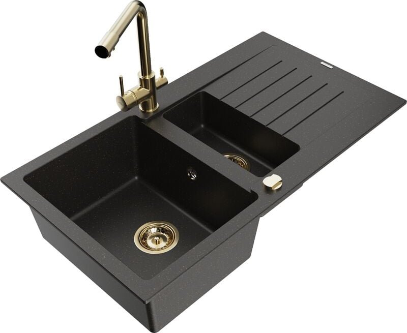 Mexen Matias 1,5-Becken-Granitspüle mit Abtropffläche und Mischbatterie Duero, Schwarz/Gold metallis