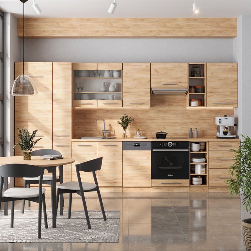 Küchenzeile Fame-Line, Goldkraft Eiche, 355 cm , AP Marmor, Vicco