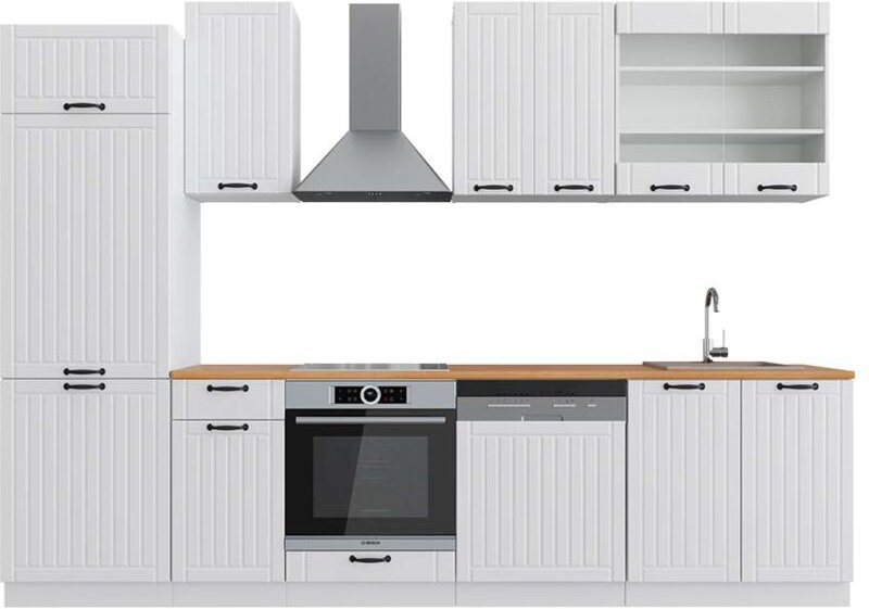 Vicco - Küchenzeile Fame-Line, Weiß Landhaus/Weiß, 300 cm , ap Eiche