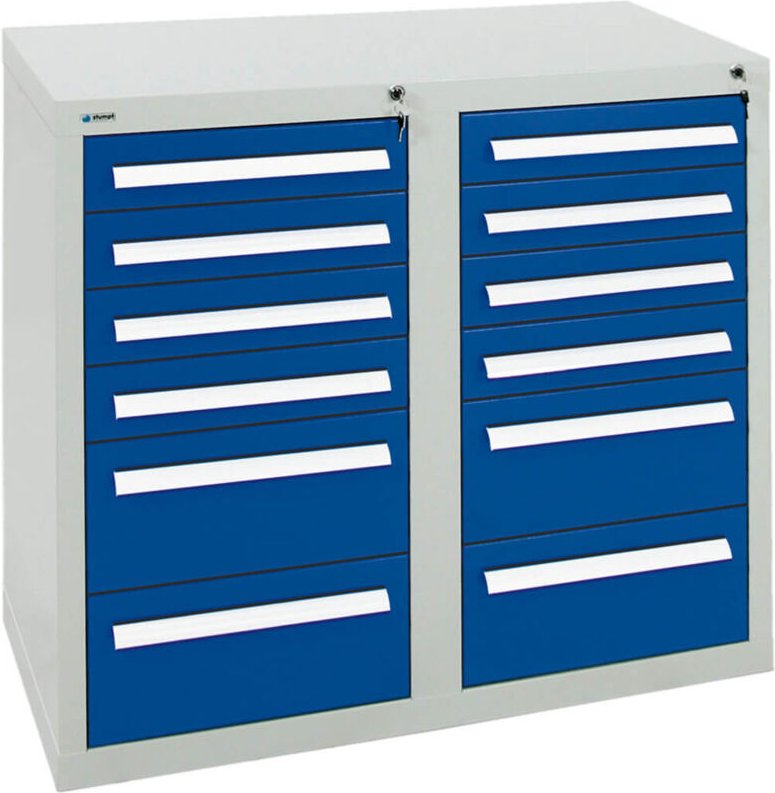 Schubladenschrank Serie T-100/35-2, 12 Schubladen enzianblau (8x100, 4x200mm) - Stumpf