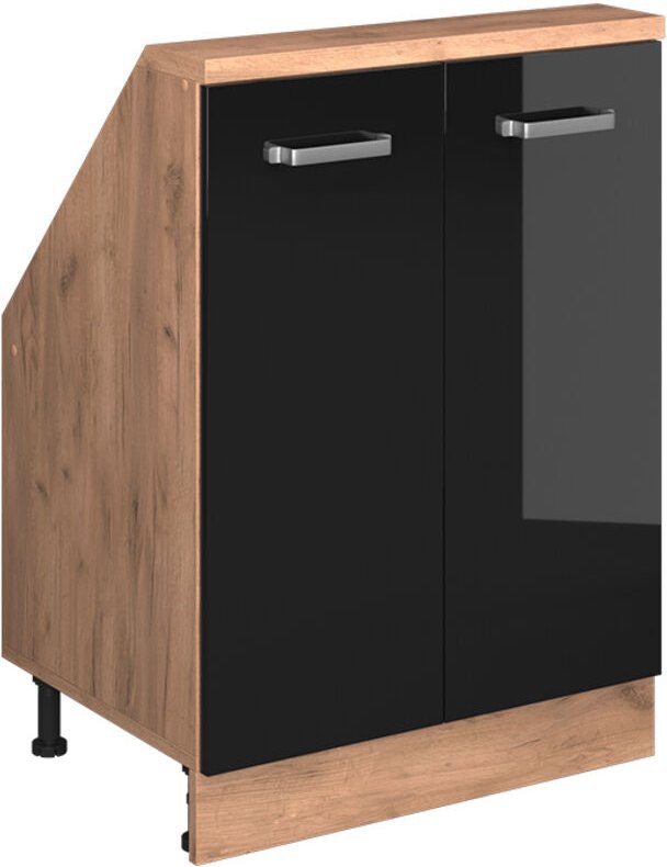Dachschrägenschrank Rion, Schwarz Hochglanz/Goldkraft Eiche, mit 2 Türen, Vicco