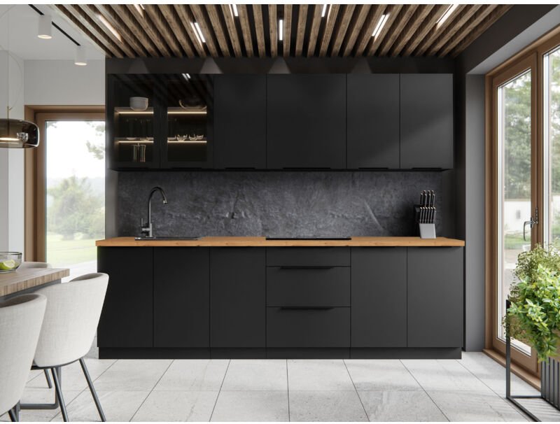 Küchenmöbel Set Direnza 260 cm mit Hängeschränken Mattschwarz/Artisan - Furnix
