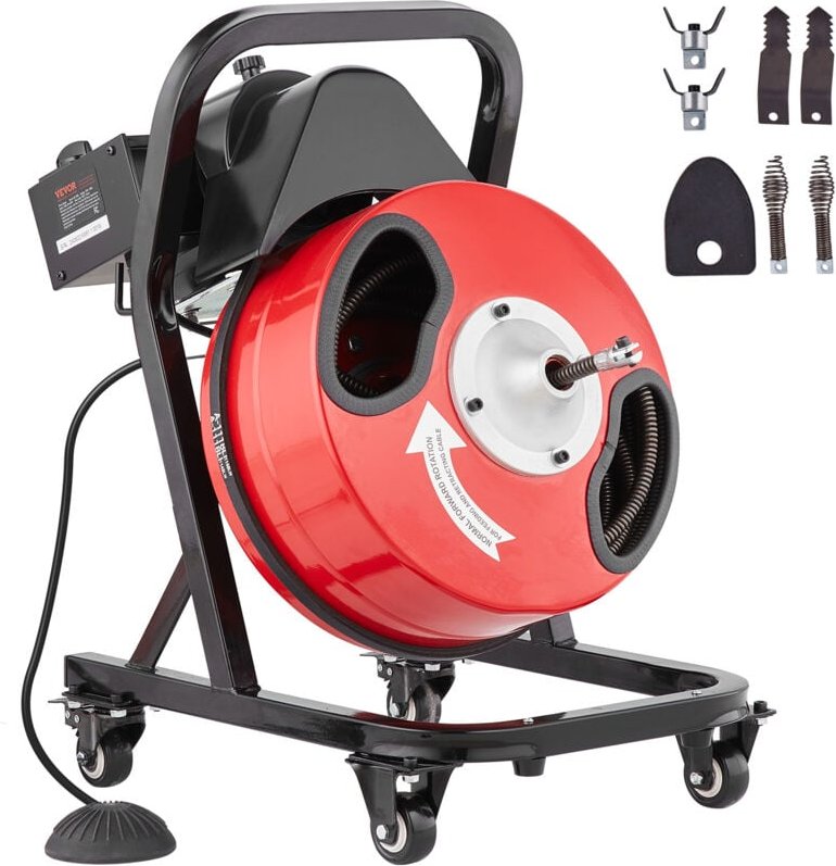 Rohrreinigungsmaschine 50 ft x 1/2 Zoll, manuelle Rohrreinigungsspirale auf Rädern – mit 4 Schneidern und luftaktivierte...