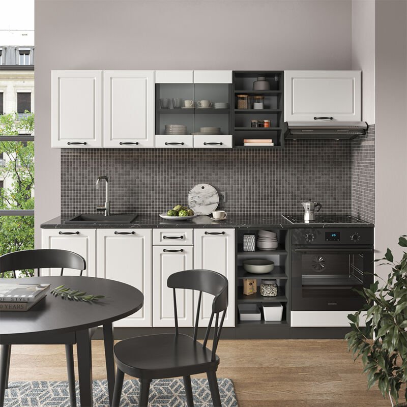 Vicco - Küchenzeile R-Line, Weiß Landhaus/Anthrazit, 240 cm ohne Arbeitsplatte