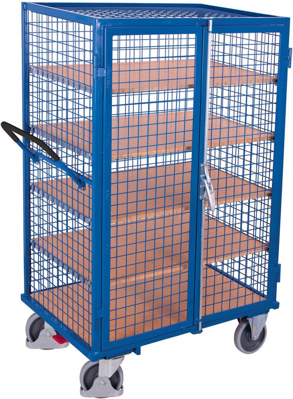 VARIOfit Etagenwagen, außen vergittert mit Flügeltür, Hebelgriff und 5 Ladeflächen 1045x685mm