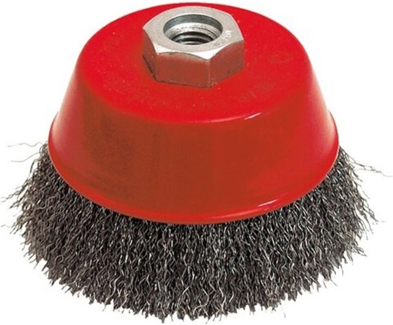 Konische Bürste für Schleifmaschine gewellter Stahldraht 0.30 mm d. 80 mm M14 für Metall - Hartbeizen Leman 540.080V