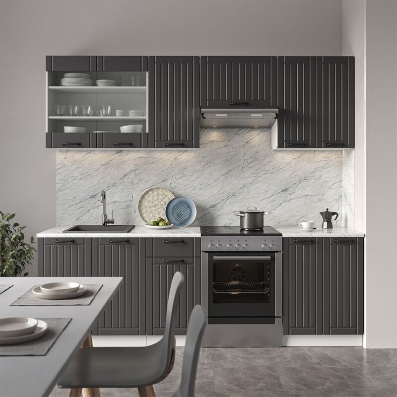 Vicco - Küchenzeile Fame-Line, Anthrazit Landhaus/Weiß, 240 cm ohne Arbeitsplatte