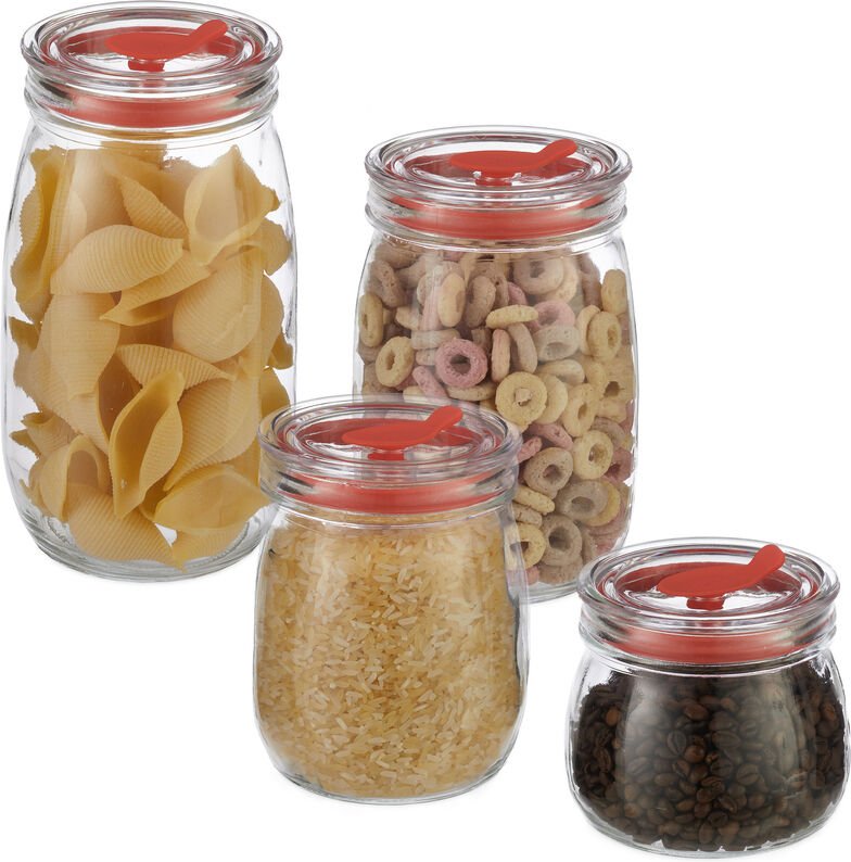 Vorratsgläser 4er Set, Deckel mit Strohhalmöffnung und Dichtung, Glasdosen für Nudeln, Getränke, transparent - Relaxdays