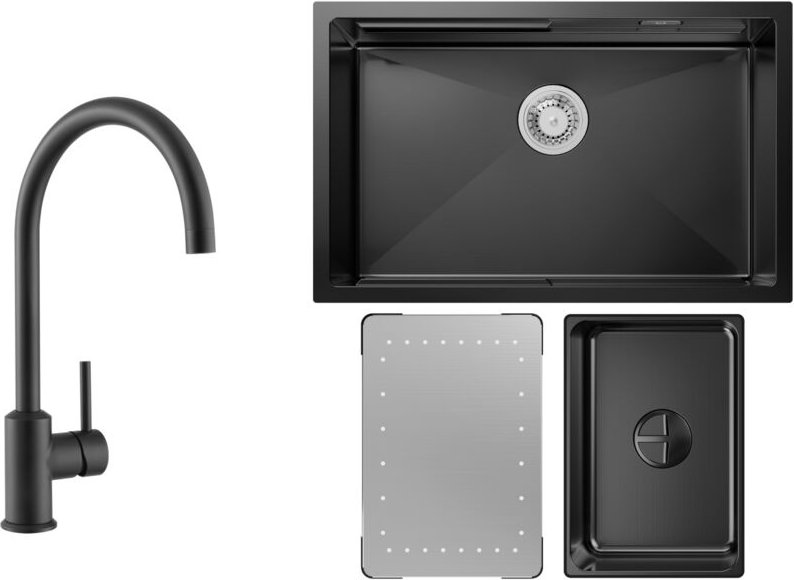 Küchenspüle 1.5 Becken 70x44cm EdelstahlSpüle Anthrazitschwarz Unterbauspüle + Hochdruck-Küchenarmatur Schwarz Hohe 363....