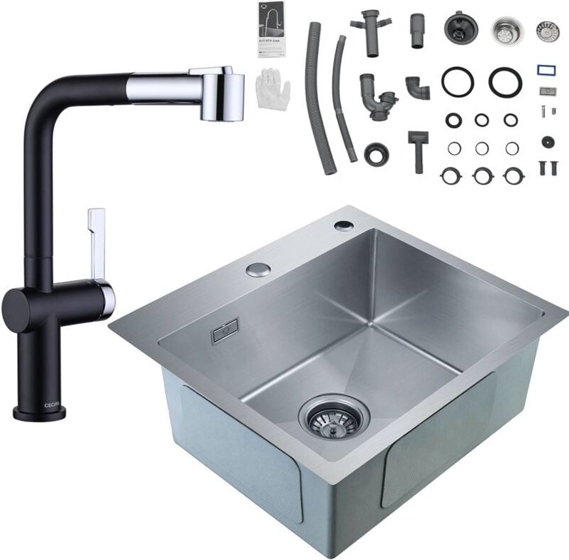 2 En 1 Küchenspüle aus Edelstahl 50 x 45 x 18,5 cm + Hochdruck Küchenwasserhahn mit 2 Wasserauslassmodi (Schwarz + Galva...