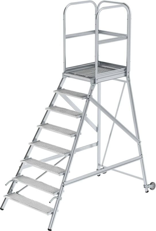 Thumbnail - Günzburger Steigtechnik - Podesttreppe einseitig begehbar mit Rollen und Griffen Stahl-Gitterrost 8 Stufen - 058108