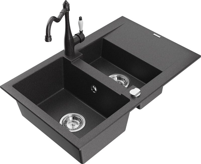 Gaspar 1,5-Becken-Granitspüle mit Abtropffläche und Mischbatterie Carla, Schwarz gesprenkelt - - Mexen