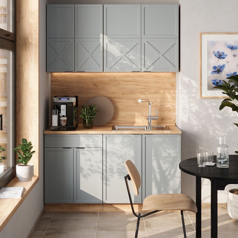 Singleküche Fame-Line, Hellblau-grau/Goldkraft Eiche, 140 cm , AP Anthrazit, Vicco