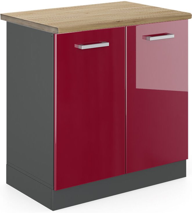 Vicco - Spülenunterschrank R-Line, Bordeaux Hochglanz, 80 cm , ap Eiche