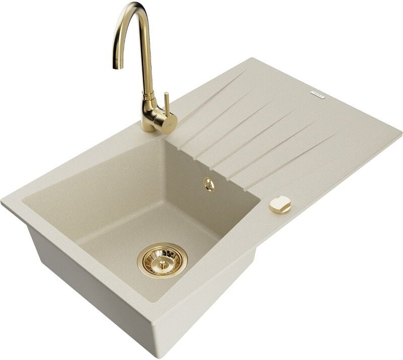 Cesar 1 Becken-Granitspüle mit Abtropffl√§che und Mischbatterie Telma, Beige - 6514-69-670200-50 - Mexen