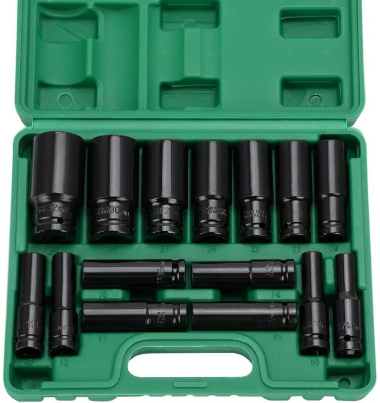 15-teiliger 1/2-Zoll-Schlagsteckschlüsselsatz, 8–32 mm langer Steckschlüsselsatz, Schraubenschlüsseladapter, Autoreparat...