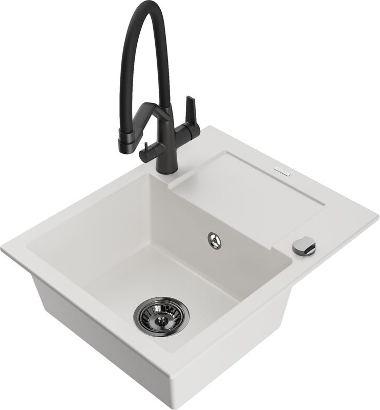 Enzo 1 Becken-Granitspüle mit Abtropffläche und Mischbatterie Duo, Weiß - 6506-20-671701-70-B - Mexen