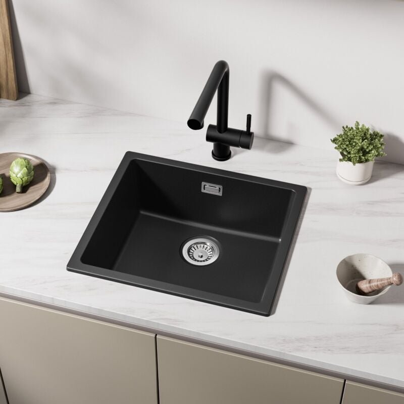 Cecipa Max - Granitspüle 50 x 44 cm Unterbau-Küchenspüle Granit Einbauspüle Schwarz