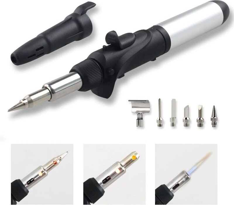 Gaslötkolben-Set mit 6 Zubehörteilen und Zinndraht, Temperaturlötstation stufenlos einstellbar, Multifunktions-Butanlötk...