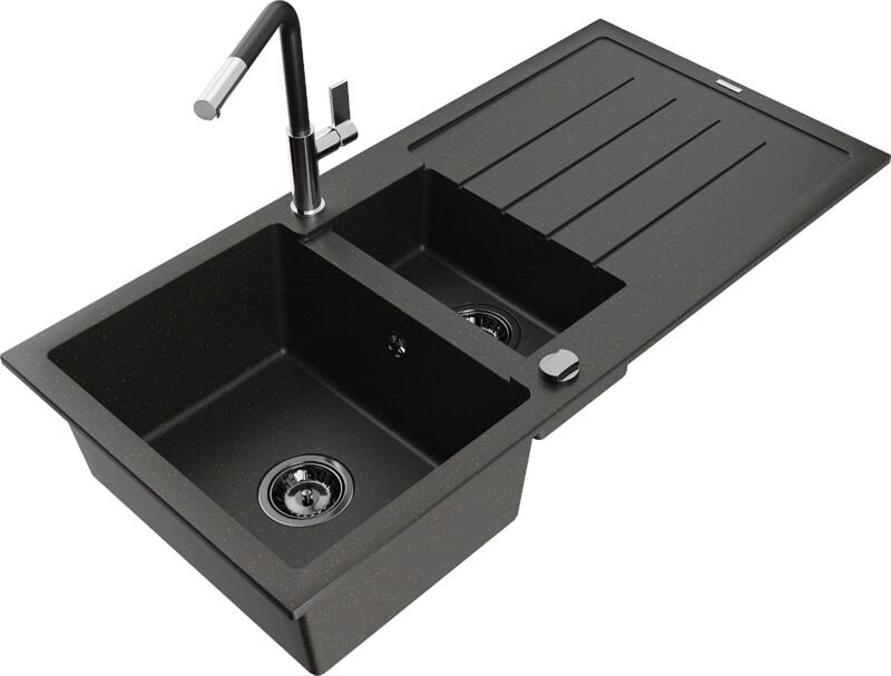 Andres 1,5-Becken-Granitspüle mit Abtropffläche und Mischbatterie Flora, Schwarz/gold - 6515-7 - Mexen