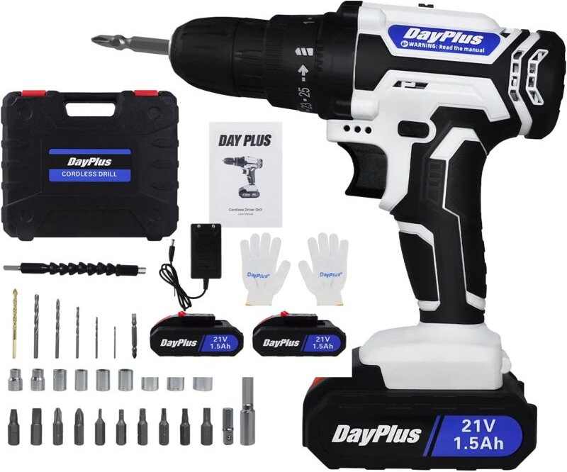 21V Akkuschrauber Set, Weiß Akku bohrschrauber mit 2 Akkus 1,5Ah und Ladegerät, 25+1 Drehmomentstufen, 45Nm Max schlagbo...