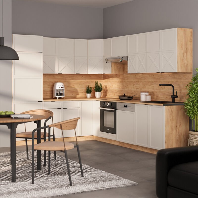 Eckküche Fame-Line, GrauBeige/Goldkraft Eiche, 227 x 60 cm ohne Arbeitsplatte, Vicco