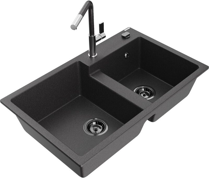 Tomas 2-Becken-Granitspüle mit Mischbatterie Flora, Schwarz gesprenkelt - 6516-76-670401-08-B - Mexen