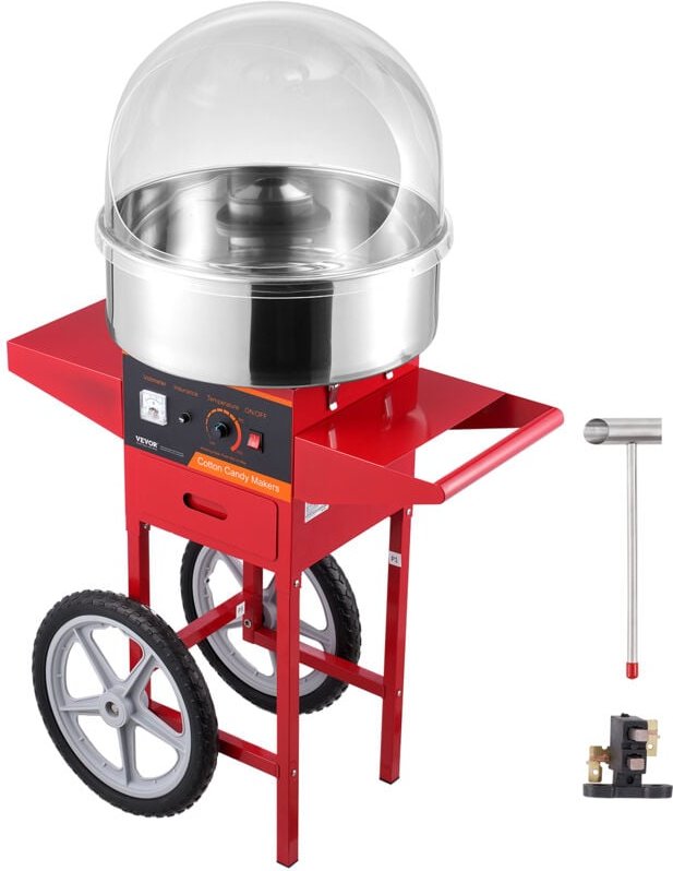 Elektrische Zuckerwattemaschine mit Wagen, 1 kW kommerzielle Zuckerwattemaschine mit Abdeckung, Edelstahlschüssel, Zucke...