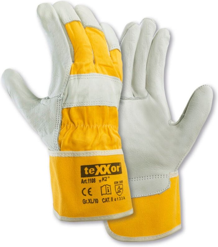 teXXor® TOP Rindvollleder-Handschuh K2 gelber Baumwolldrell Kat. 2 110809 Gr.09