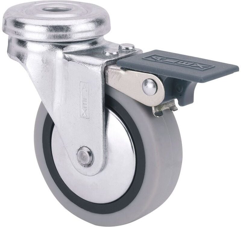 Gummi-Lenkrolle mit Loch, Feststeller und glatter Achse, grau, max. Tragkraft 17 kg, ø 4 cm