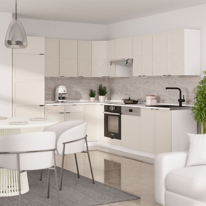 Eckküche Fame-Line, GrauBeige/Weiß, 227 x 287 cm , AP Marmor, Vicco