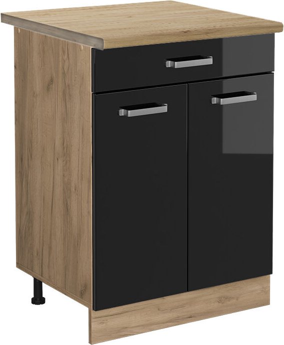 Vicco - Küchenunterschrank R-Line, Schwarz Hochglanz, 60 cm mit Schublade, ap Eiche