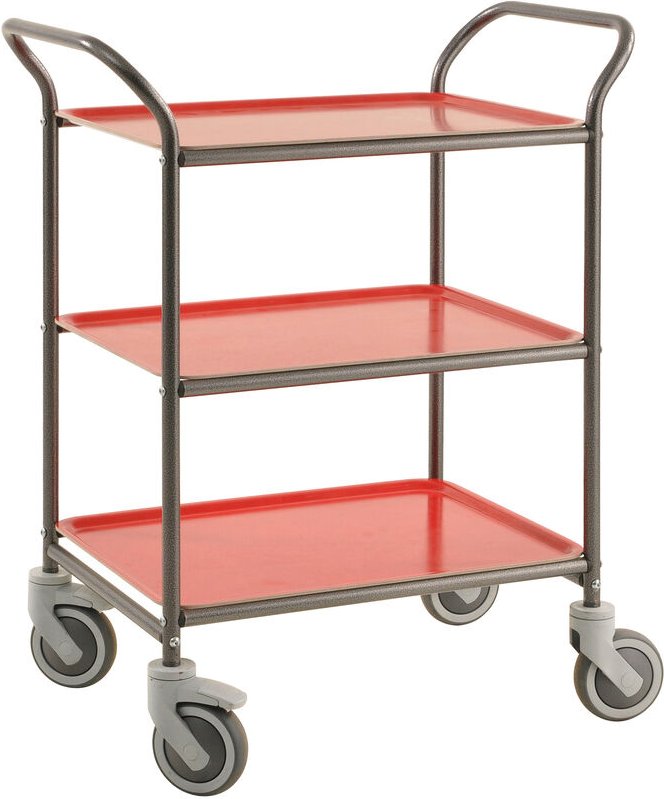 Kongamek Tablettwagen 770x495x960mm Anthrazit grau pulverbeschichtet mit Bremse und 3 Tabletts in rot