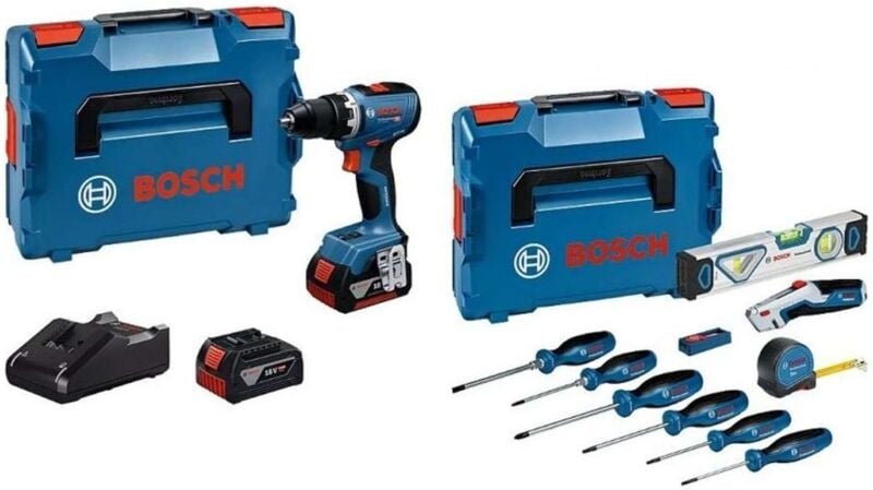 Bosch Werkzeug-Set: GSR 18V-65 + 2 x Akku + 19-tlg. Handwerkzeug-Set in L-BOXX