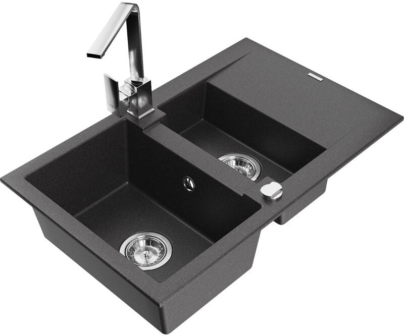 Mexen Gaspar 1,5-Becken-Granitspüle mit Abtropffläche und Mischbatterie Rita, Schwarz gesprenkelt -