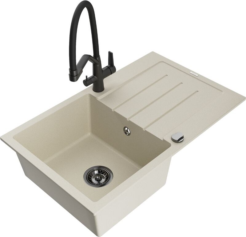 Bruno 1 Becken-Granitspüle mit Abtropffläche und Mischbatterie Duo, Beige - 6513-69-671701-70- - Mexen