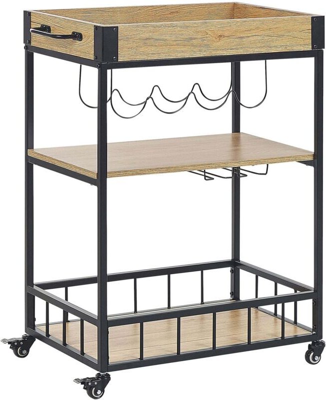 Servierwagen Schwarz Metall und MDF-Platte Holzoptik Rechteckig mit Griff Rollen Flaschenhalter Gläserhalter für Küche T...